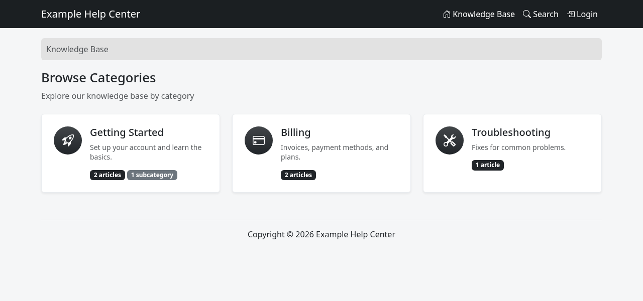 The LibreKB public knowledge base home page, showing category cards for Getting Started, Billing, and Troubleshooting.
